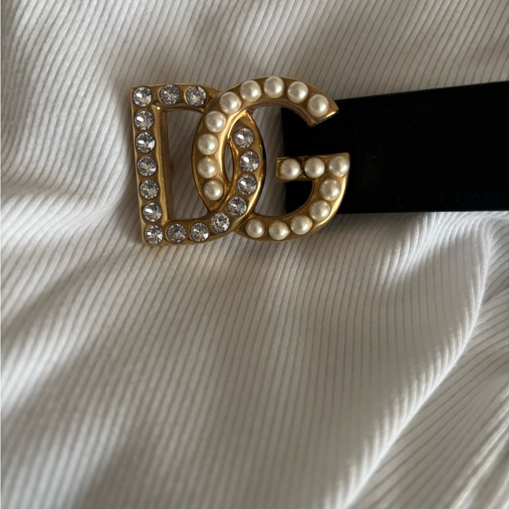 Dolce & Gabbana Black Belt with Gold and Pearl DG Buckle
